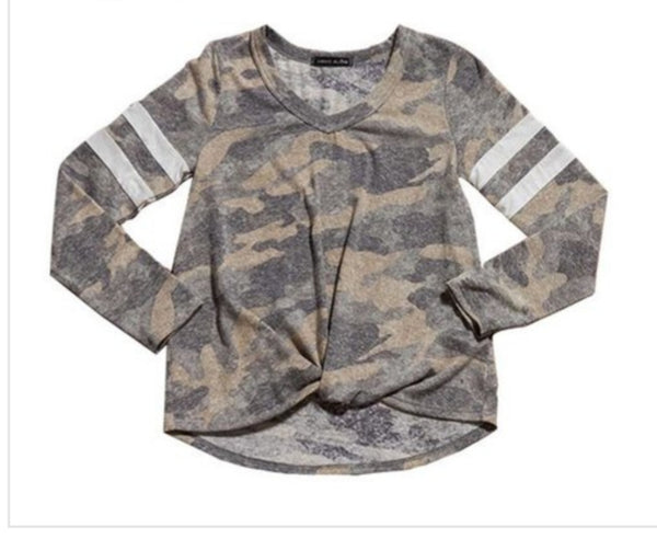 Girl-Long Sleeve Varsity Striped Camouflage Print Jersey V-Neck Top with Front Knot Twist Detail