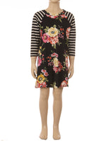 Floral print with contrast 3/4 striped sleeves.