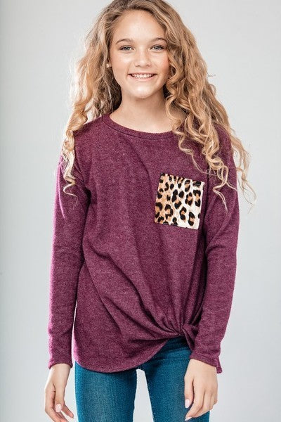 Kids' Solid Hacci Brushed Long Sleeve Front Knot Top with Animal Print Pocket